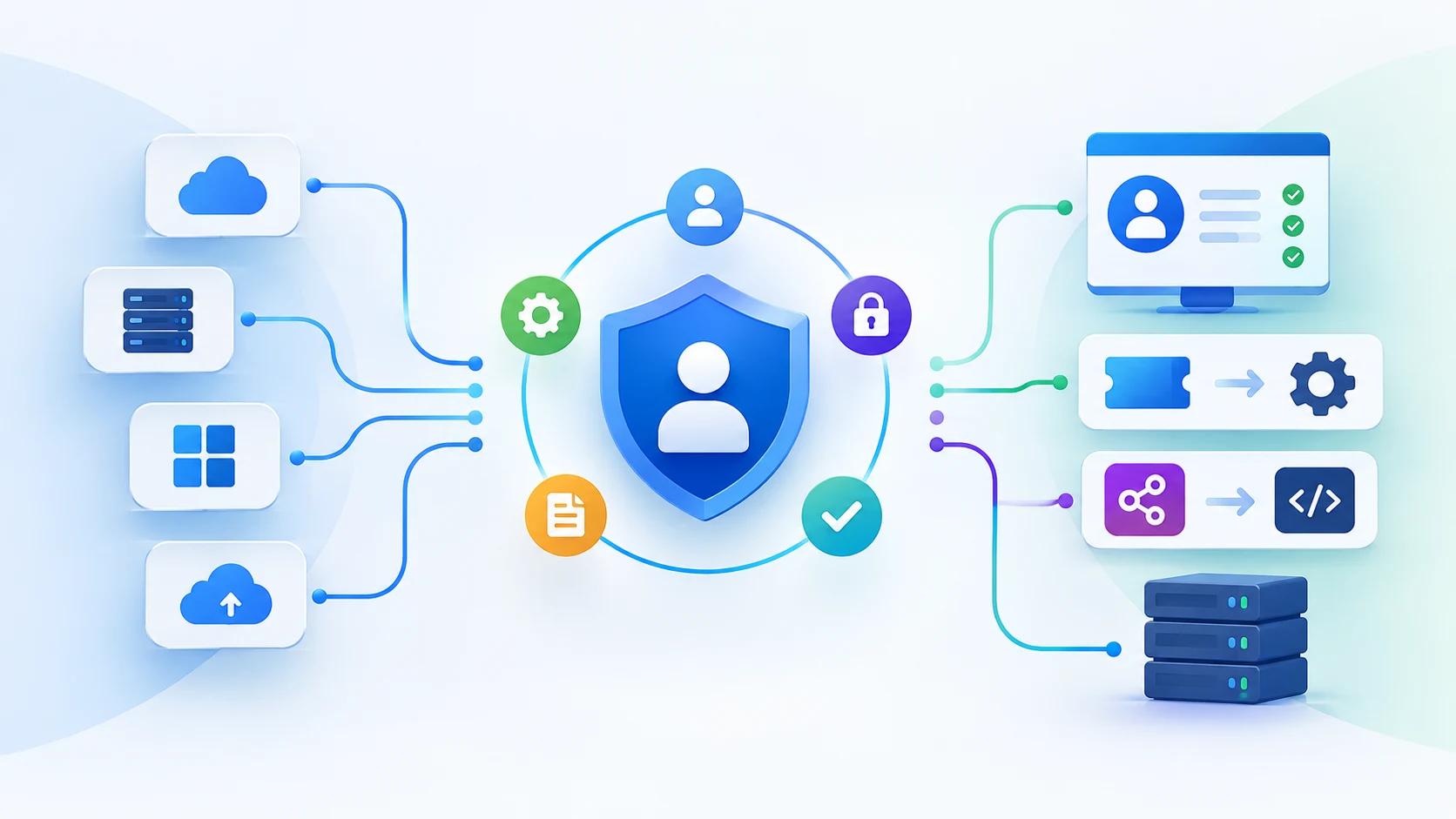 How IGA works across cloud and on-premises systems — cloud, on-premises server, Windows and cloud-upload sources connected to a central identity shield that governs access reviews, ticket-based provisioning, connector integrations and on-premises systems
