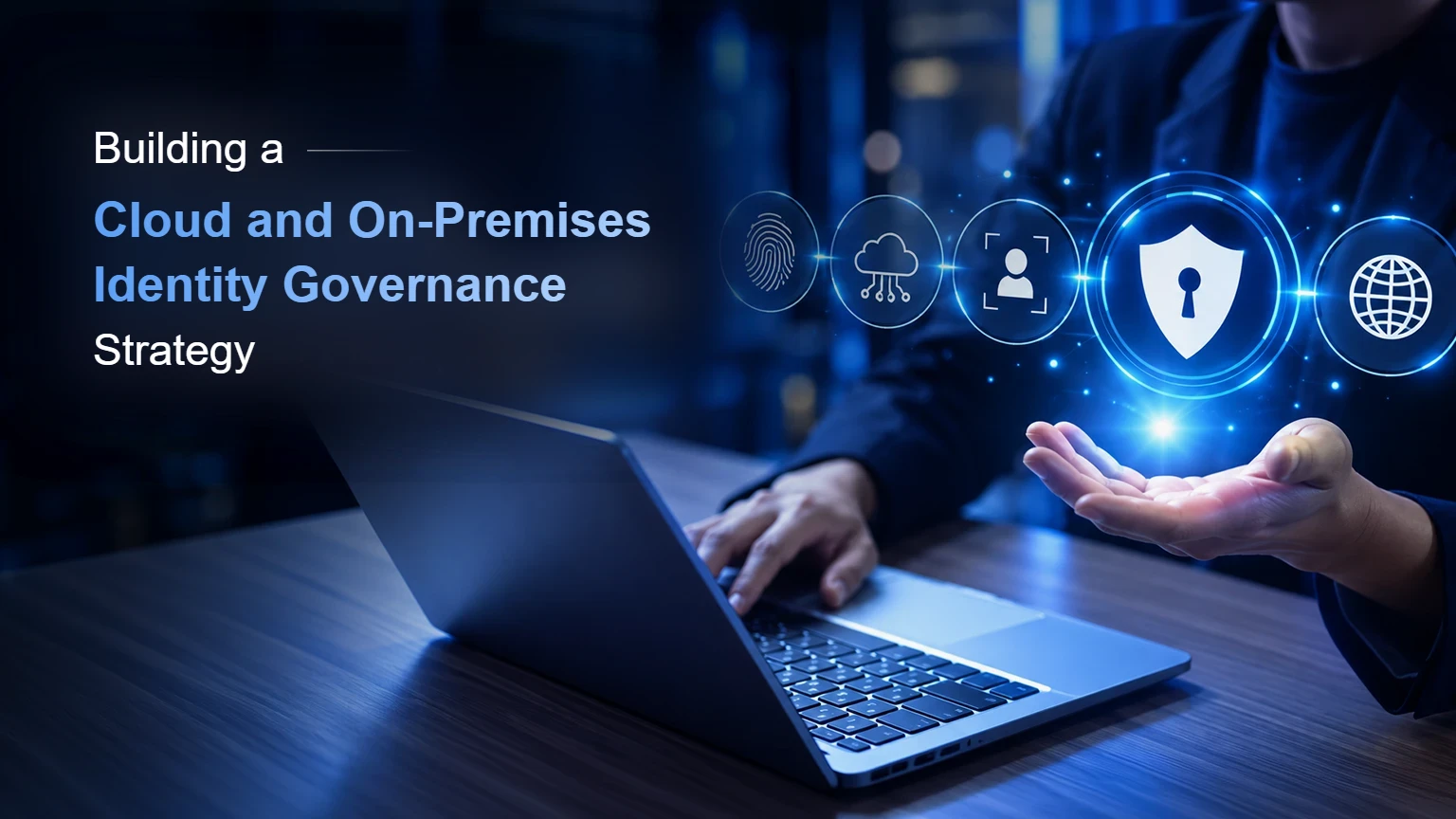 Building an identity governance strategy across cloud and on-premises systems — a hand beneath glowing fingerprint, cloud, identity, shield, and globe icons beside a laptop.
