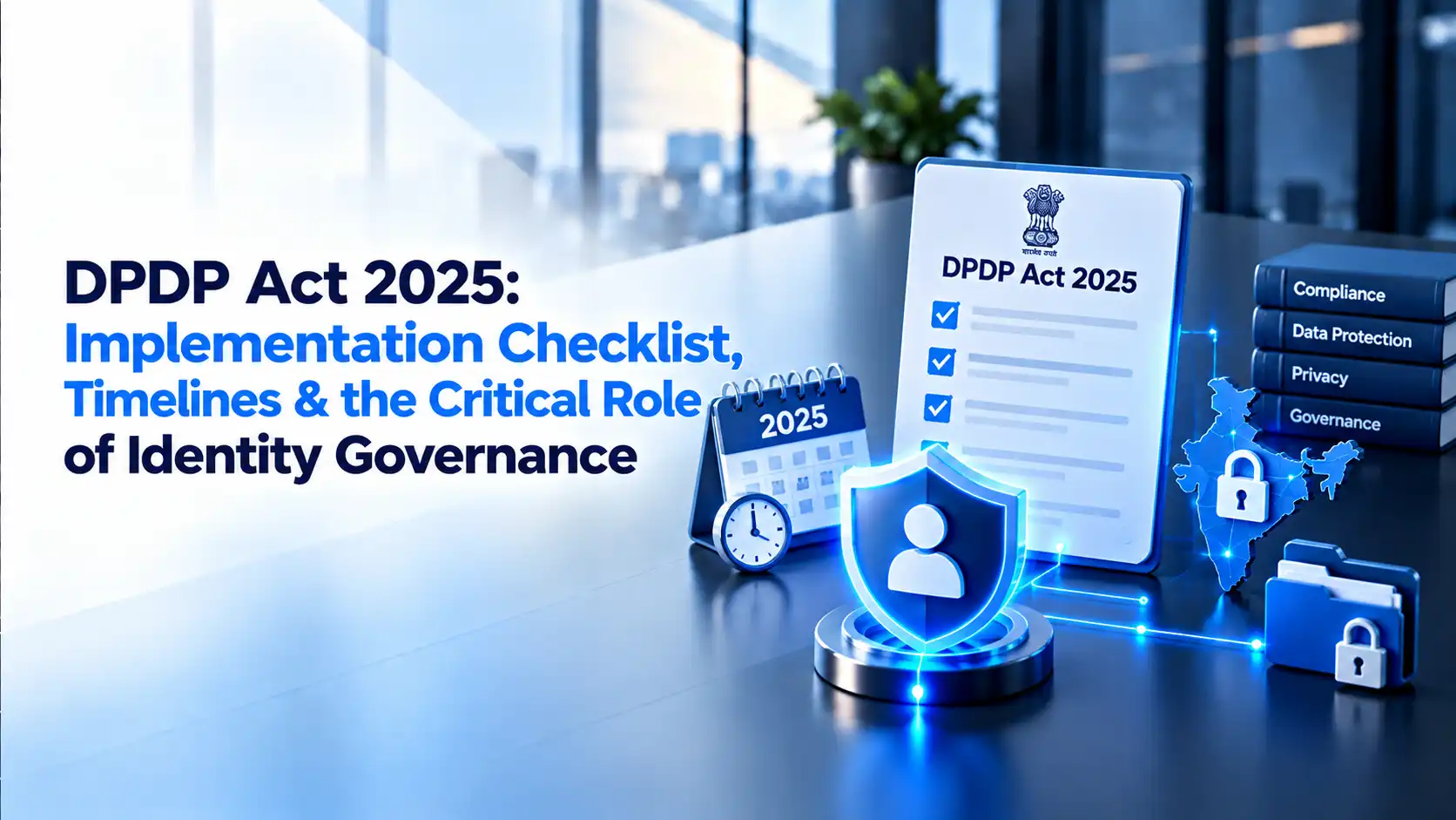 Clipboard headed DPDP Act 2025 with a ticked checklist beside a 2025 desk calendar, a clock and books labelled compliance, data protection, privacy and governance