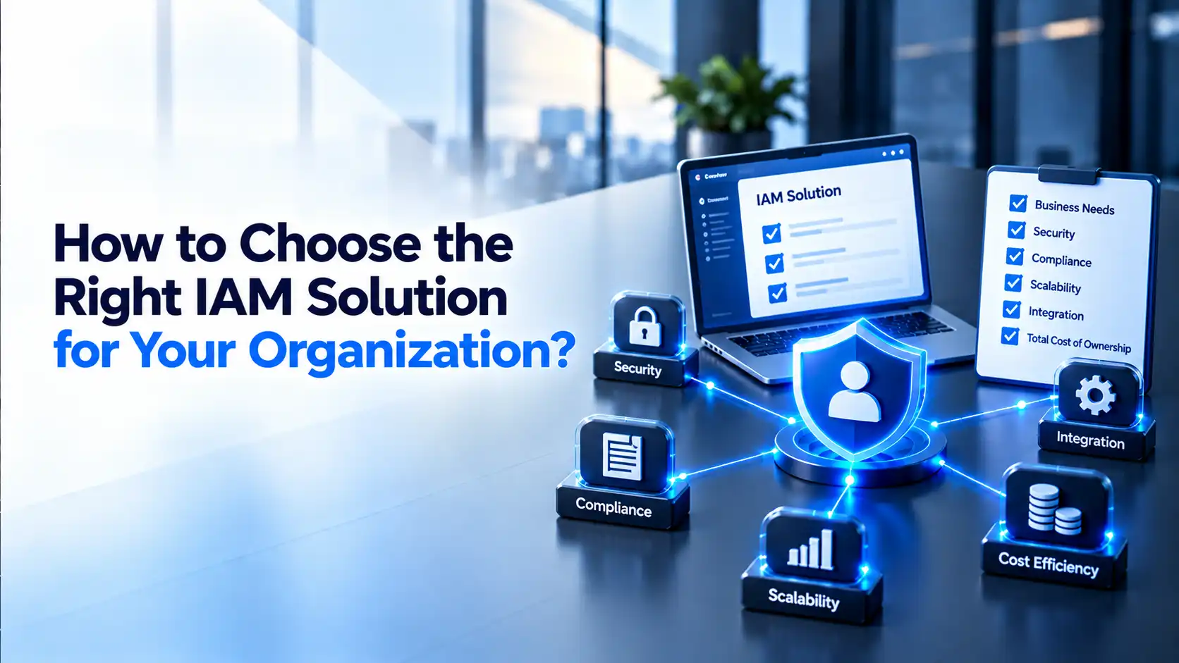 Laptop showing an IAM solution checklist beside a clipboard listing business needs, security, compliance, scalability, integration and total cost of ownership, linked to icons for security, compliance, scalability, integration and cost efficiency