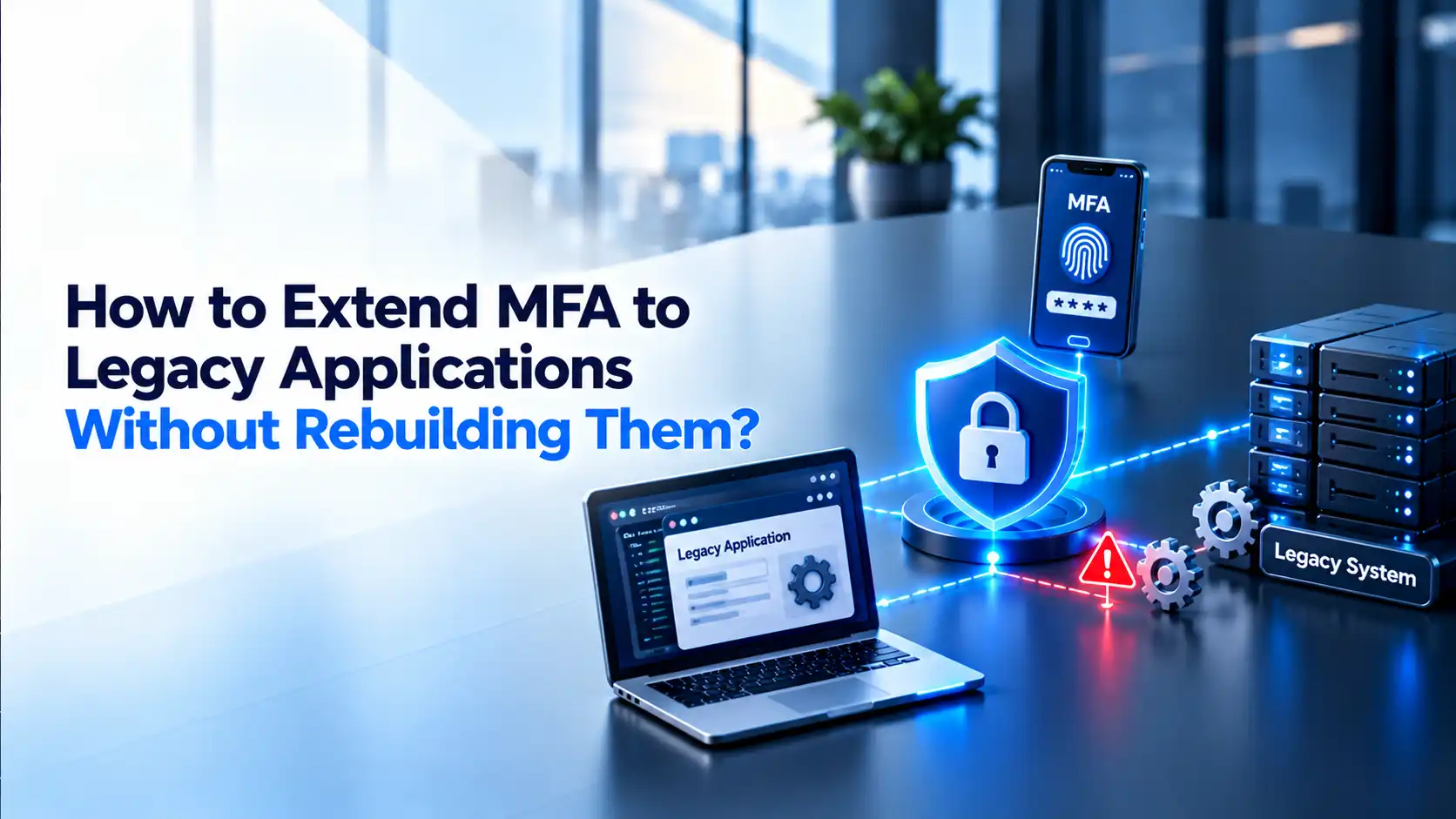 Phone prompting for MFA with a fingerprint, connected to a laptop running a legacy application and a server rack flagged with a warning