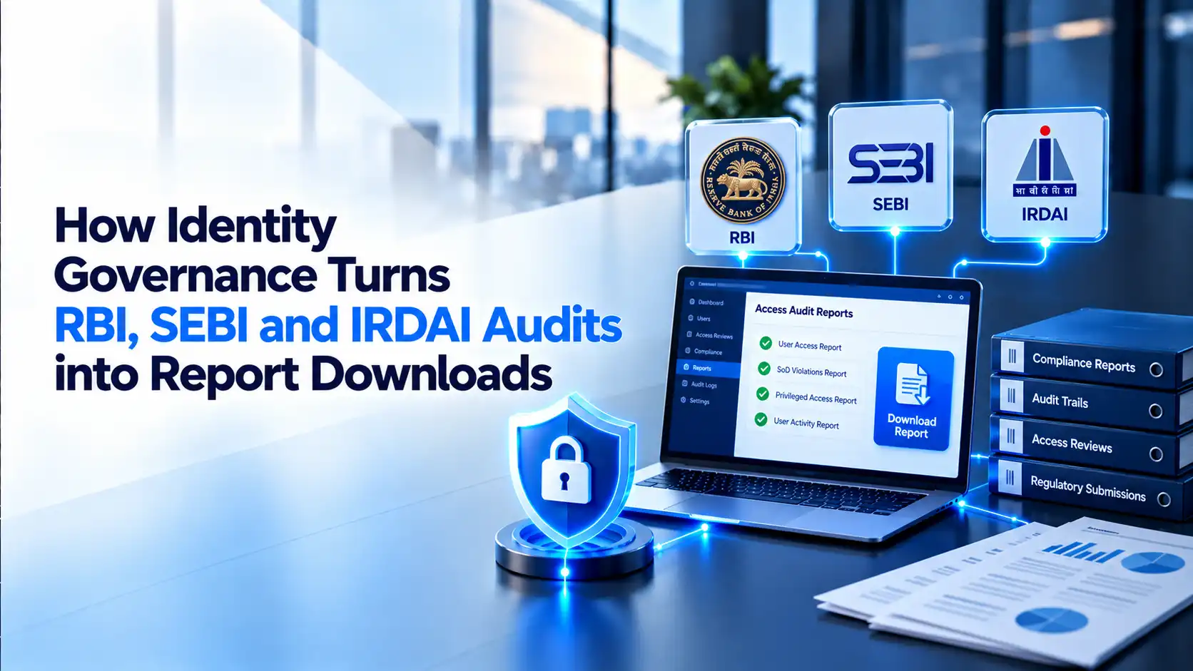 Laptop showing an access audit reports screen with a download button, linked to the RBI, SEBI and IRDAI logos and shelves of compliance reports, audit trails, access reviews and regulatory submissions