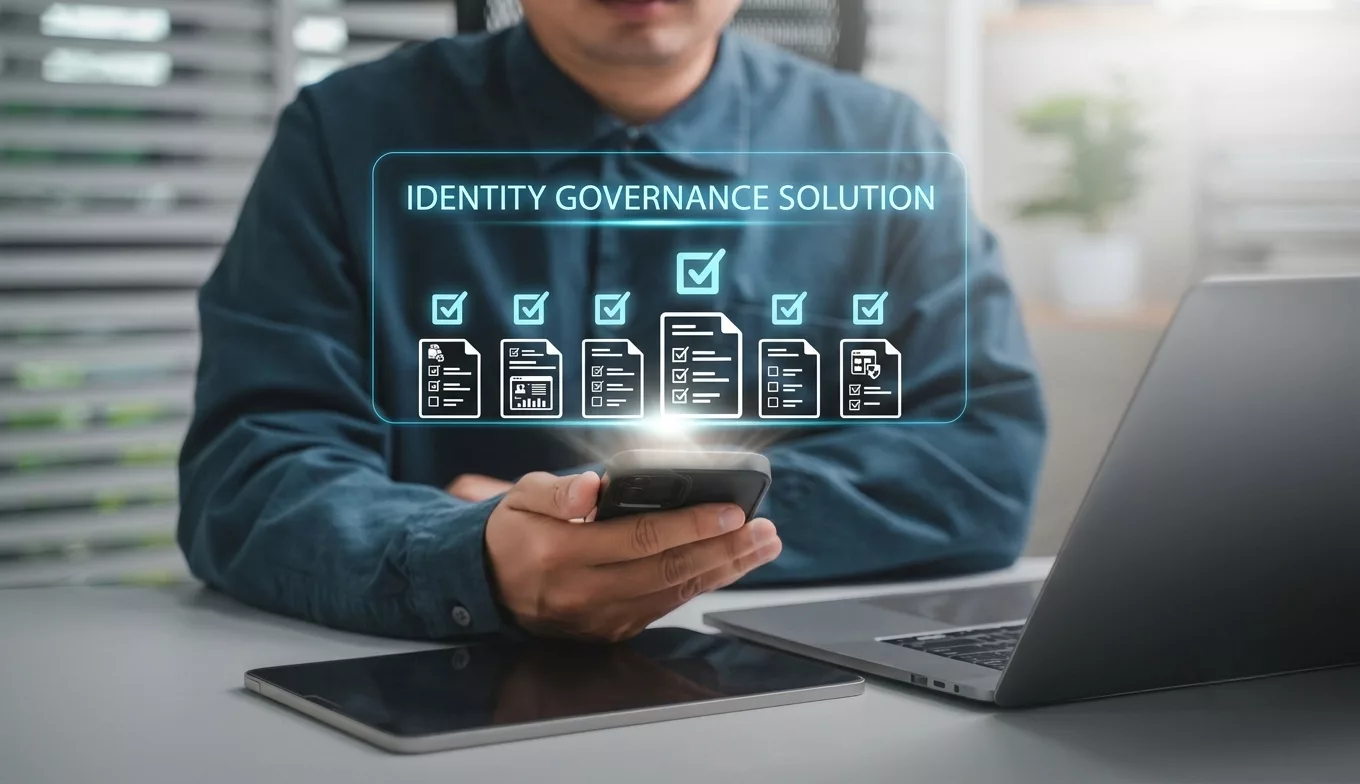 What to look for in an IGA solution — a person holding a phone with an Identity Governance Solution checklist of ticked policy documents projected above it, beside a laptop and tablet