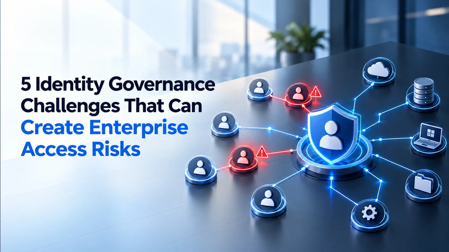 Identity governance challenges — user identities linked to a central protected shield, two of them flagged with warning icons, connected to cloud, database, laptop, folder and settings systems