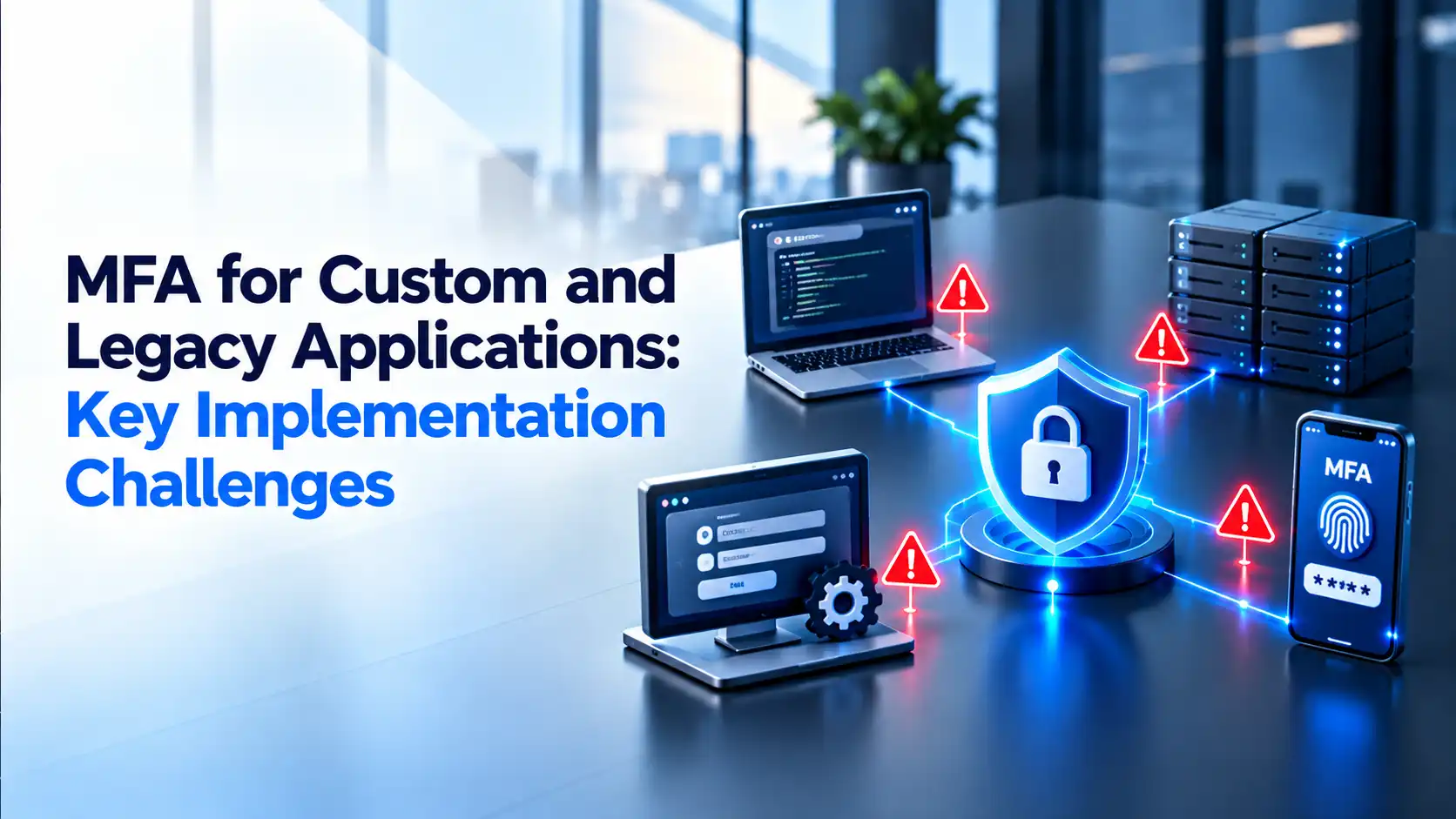 A custom application on a laptop, a legacy login screen and a phone showing an MFA prompt, each marked with a red warning triangle around a central lock