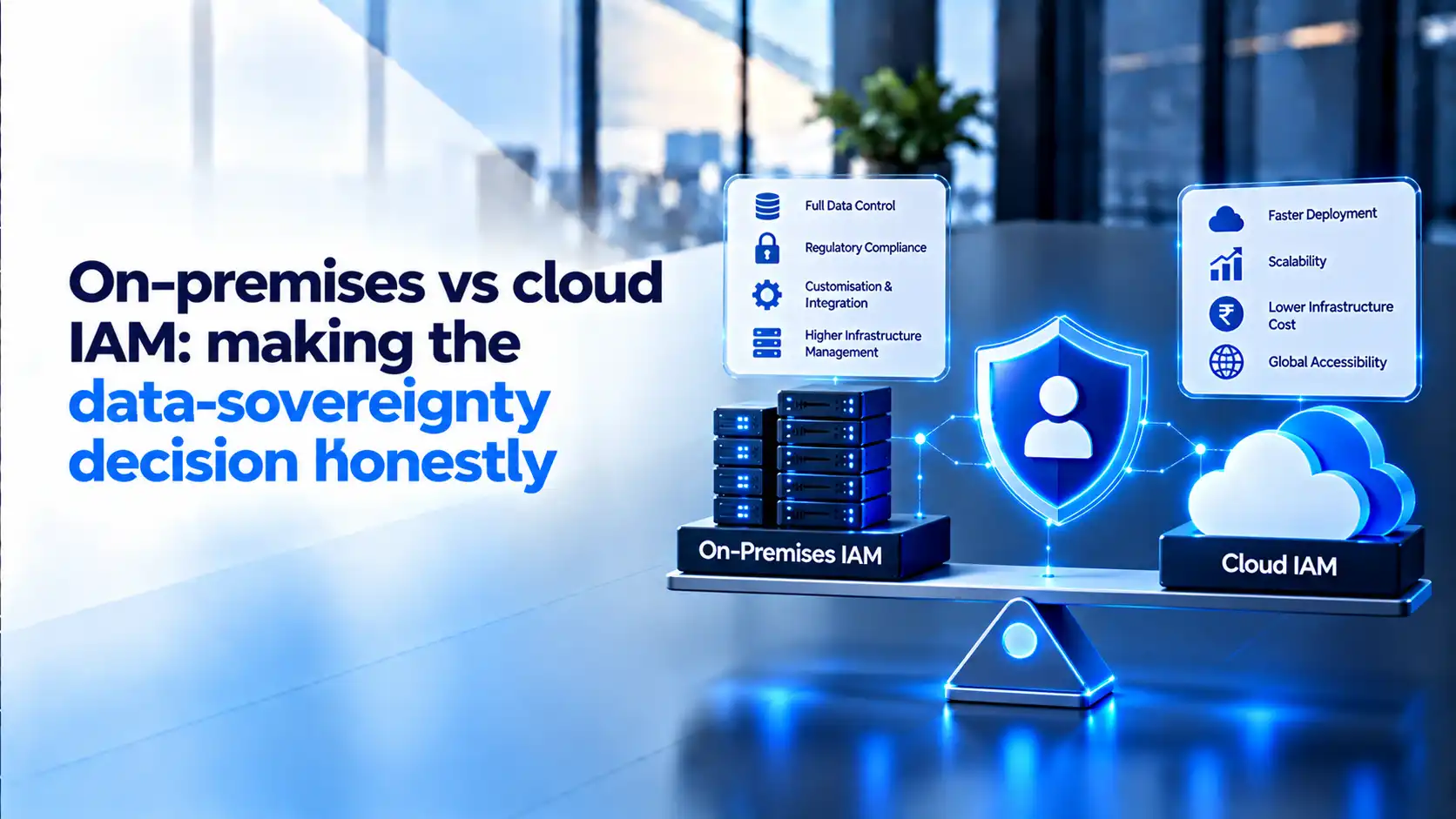 Balance scale weighing on-premises IAM — full data control, regulatory compliance, customisation and higher infrastructure management — against cloud IAM — faster deployment, scalability, lower infrastructure cost and global accessibility