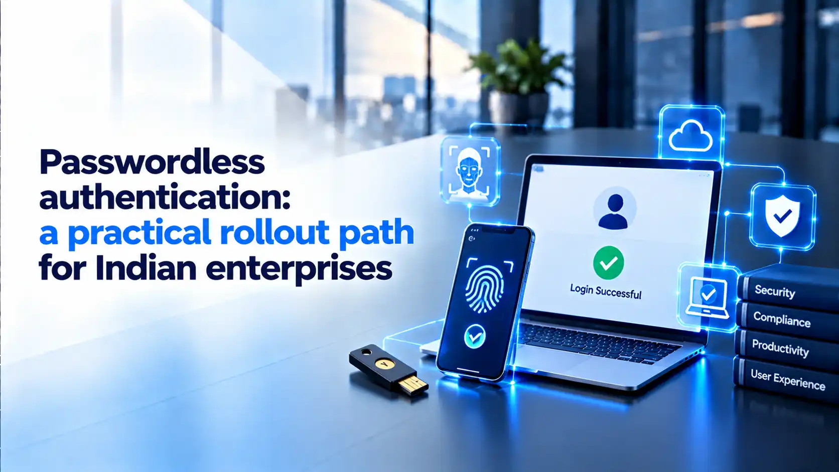 Phone showing fingerprint authentication and a hardware security key beside a laptop confirming a successful login, with books labelled security, compliance, productivity and user experience